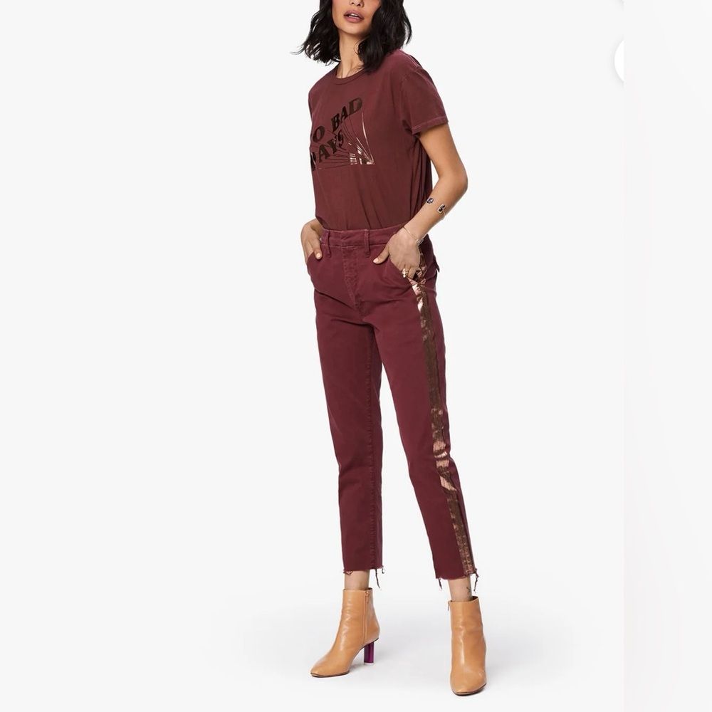 MOTHER The Shaker Metallic-Stripe Cropped Frayed Merlot Sporty Luxe Style Pants - Picture 16 of 16